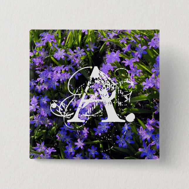 Blue Squill Spring Flowers and your monogram 2 Inch Square Button (Front)