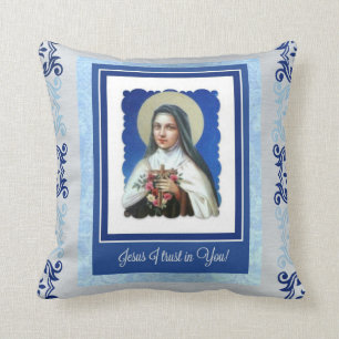 Blue St. Therese the Little Flower with quote Throw Pillow
