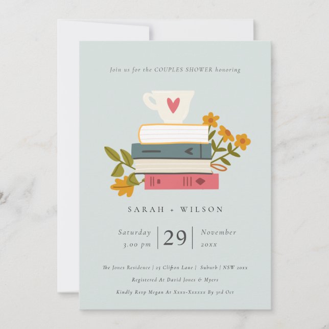 Blue Stacked Books Floral Couples Shower Invite (Front)