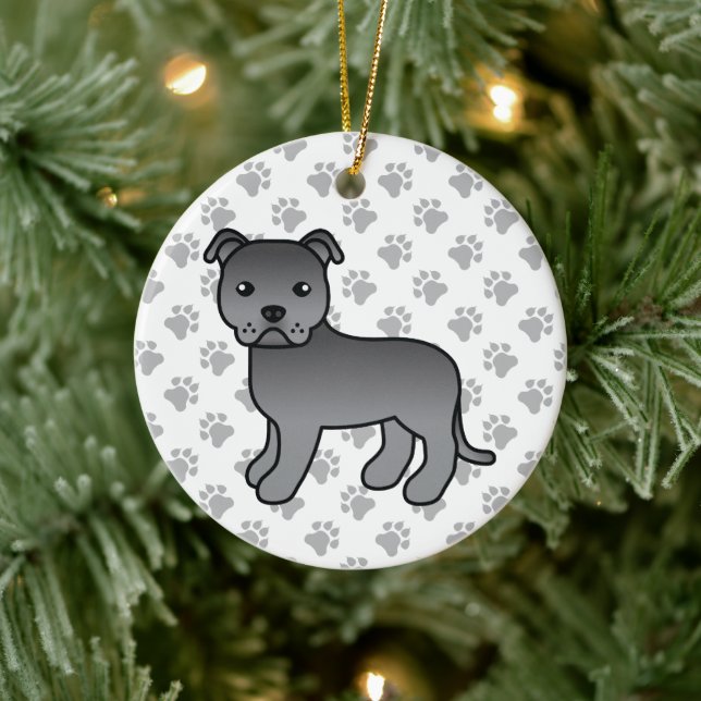 Blue Staffordshire Bull Terrier Cute Cartoon Dog Ceramic Ornament (Tree)