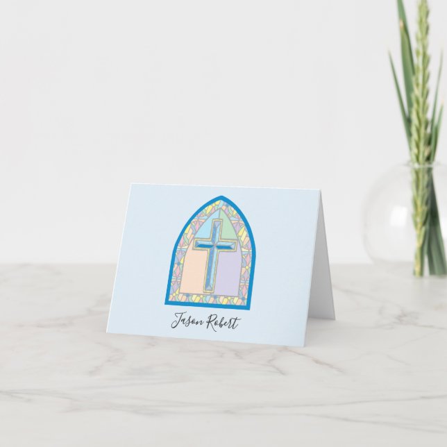 Blue Stained Glass First Communion Thank You Note Card (Front)