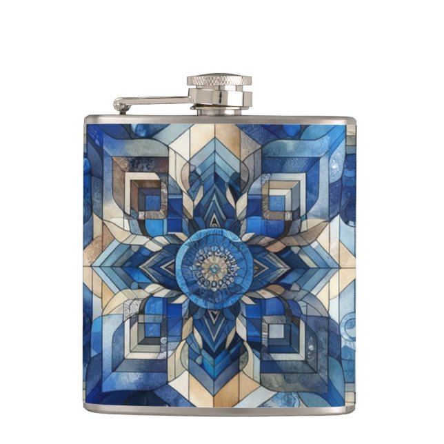 Blue Stained Glass Flower Geometric Watercolor Hip Flask (Front)