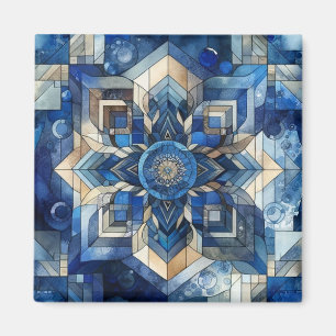 Blue Stained Glass Flower Geometric Watercolor Magnet