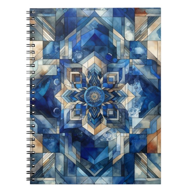 Blue Stained Glass Flower Geometric Watercolor Notebook (Front)