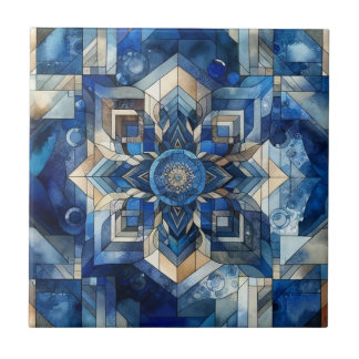 Blue Stained Glass Flower Geometric Watercolor Tile