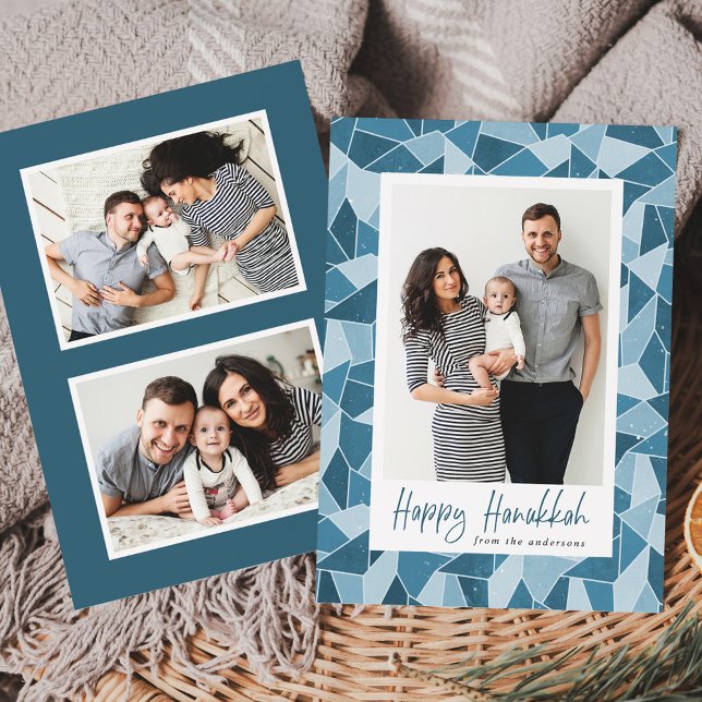 Blue Stained Glass Happy Hanukkah 3 Photo Holiday Card (Creator Uploaded)