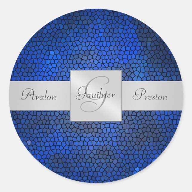 Blue Stained Glass Monogram Wedding Sticker (Front)