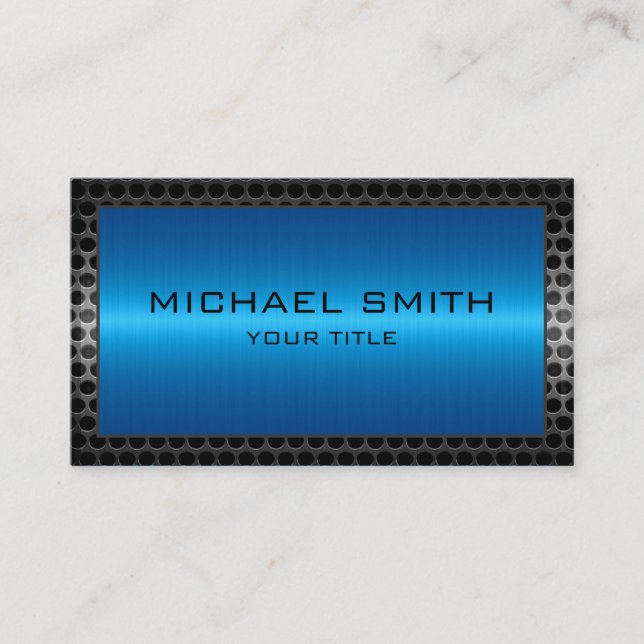 Blue Stainless Steel Modern Metal Border Business Card (Front)
