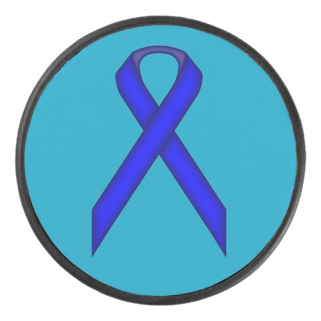 Blue Standard Ribbon by Kenneth Yoncich Hockey Puck (Front)