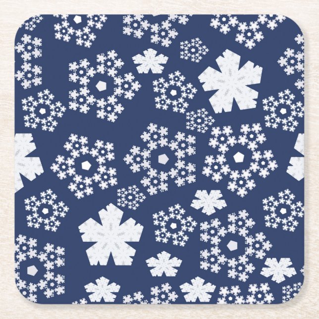 Blue Star and Snowflake Christmas Winter Pattern Square Paper Coaster (Front)