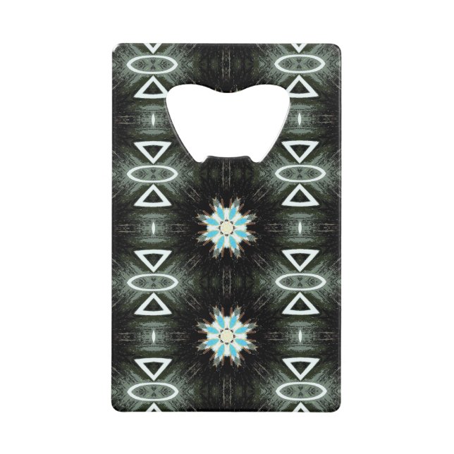blue star-burst geometric black wallet bottle opener (Front)