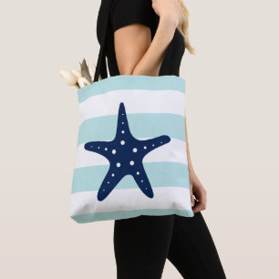 Blue Star Fish on Mint Stripes Tote Bag