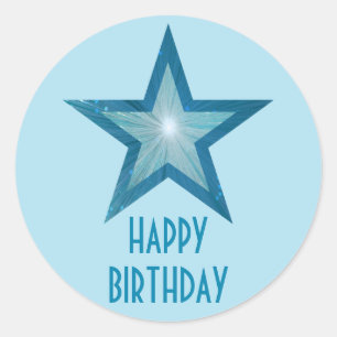 Blue Star 'Happy Birthday' round pale blue Classic Round Sticker