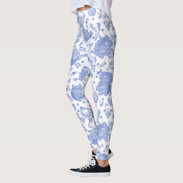 Blue Star of David Blue White Floral Toile White Leggings (Left)