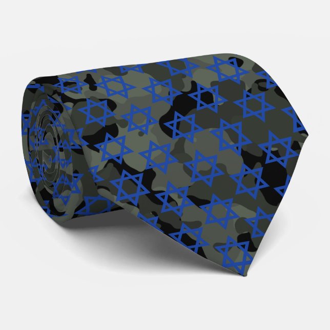 Blue Star Of David Dark Green Camo Camouflage Tie (Rolled)