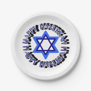 Blue Star of David Happy Hanukkah Chanukkah Jewish Paper Plate