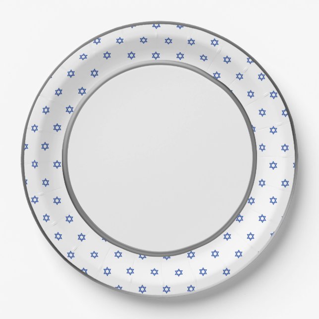 Blue Star of David Silver Ring Trim Paper Plate (Front)