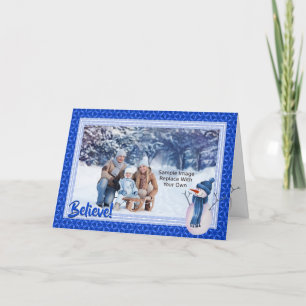 Blue Star Pattern And Snowman Christmas Holiday Card