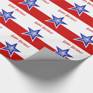 Blue Star Red print Happy Birthday stripe Wrapping Paper