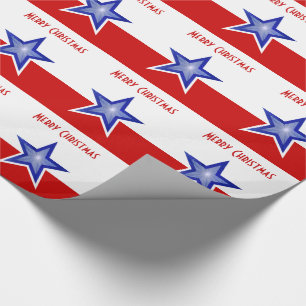 Blue Star Red print Merry Christmas stripe Wrapping Paper