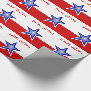 Blue Star Red Season's Greetings stripe Wrapping Paper
