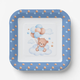 Blue Star Teddy Bear Cloud Balloon Aqeeqah Baby Bo Paper Plate
