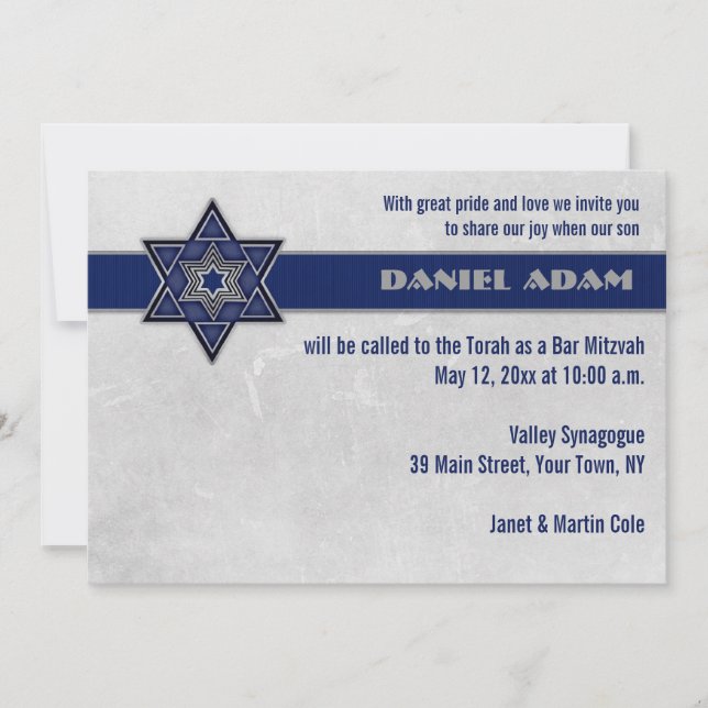 Blue Star Top Stripe Bar Mitzvah Invitation (Front)