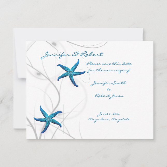 Blue Starfish and Silver Coral Save the Date Card (Front)