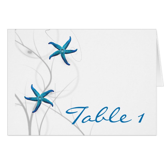 Blue Starfish and Silver Coral Table Number tent (Front Horizontal)