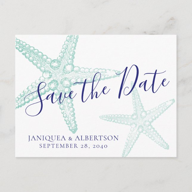 Blue Starfish Beach Wedding Save the Date Postcard (Front)