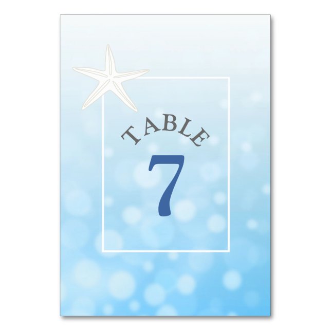 Blue Starfish Beach Wedding Table Number Card (Front)
