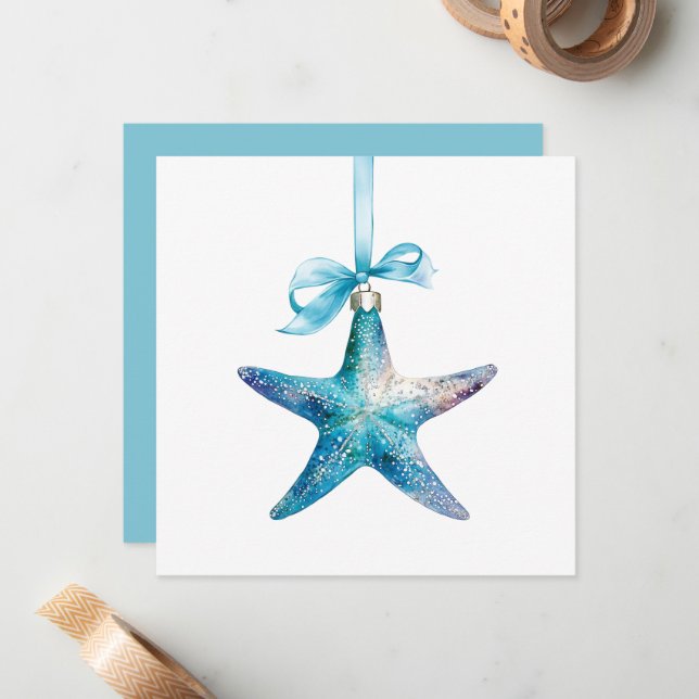Blue Starfish Christmas Ornament Personalized Card (Front/Back In Situ)