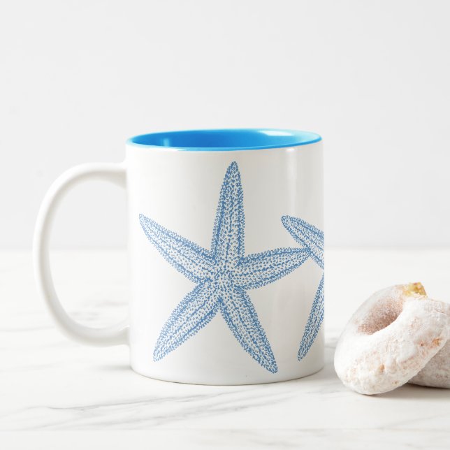 BLUE STARFISH ILLUSTRATION Two-Tone COFFEE MUG (With Donut)
