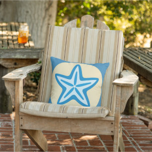 Blue Starfish in a Yellow Circle Outdoor Pillow