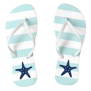Blue Starfish on Mint Stripes Flip Flops