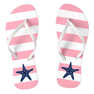 Blue Starfish on Pink Stripes Flip Flops