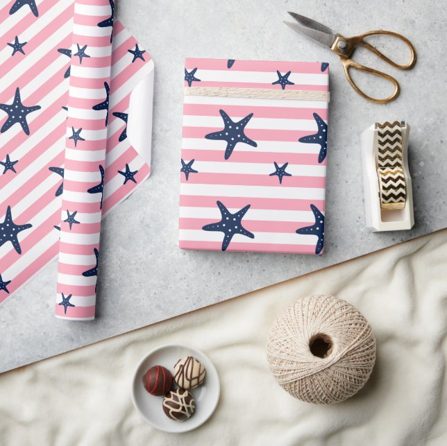 Blue Starfish on Pink Stripes Wrapping Paper (Crafts)