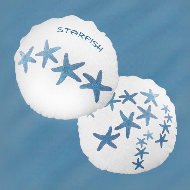 Blue Starfish on White Sand Round Pillow (Creator Uploaded)