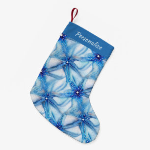Blue Starfish Pattern Coastal Holiday Christmas Small Christmas Stocking