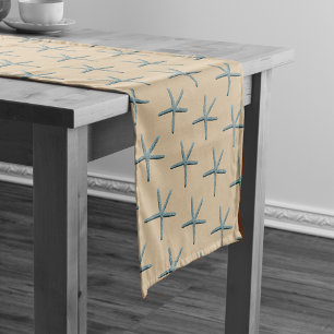 Blue Starfish Pattern On Sand Background Short Table Runner