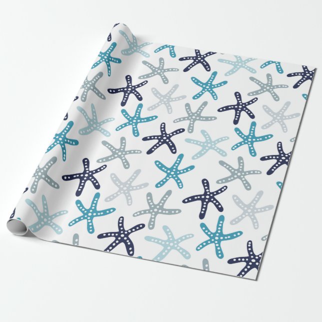 Blue Starfish Pattern Wrapping Paper (Unrolled)