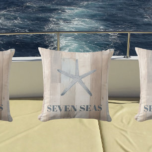 Blue starfish rustic beige driftwood text coastal outdoor pillow