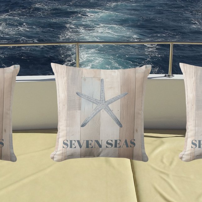Blue starfish rustic beige driftwood text coastal outdoor pillow (Creator Uploaded)