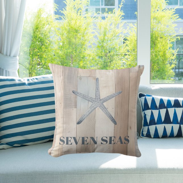 Blue starfish rustic beige driftwood text coastal throw pillow (Creator Uploaded)