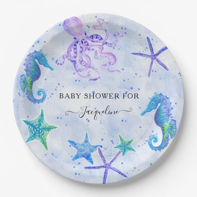 Blue Starfish Seahorse Octopus Beach Baby Shower Paper Plate (Front)