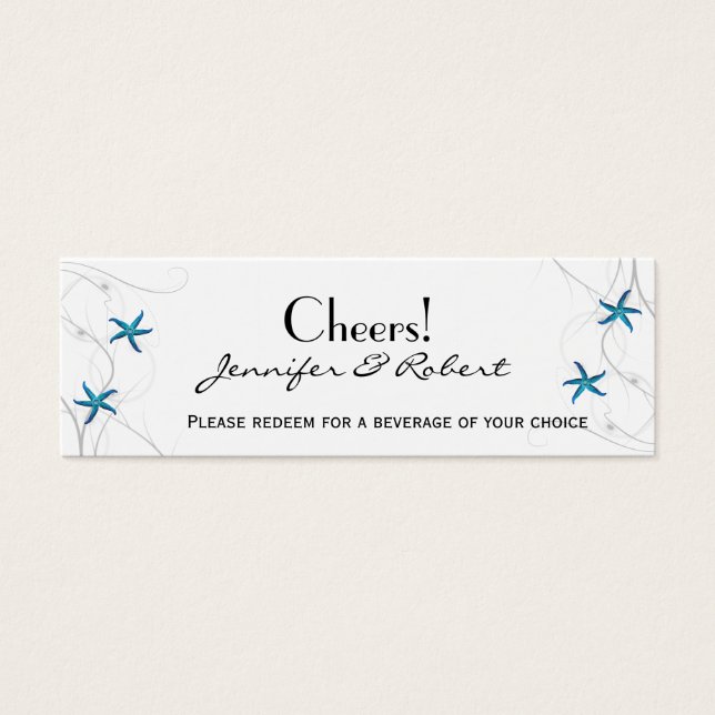 Blue Starfish Silver Coral Wedding Drink Tickets (Front)
