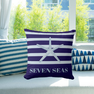 Blue starfish stripes text coastal throw pillow