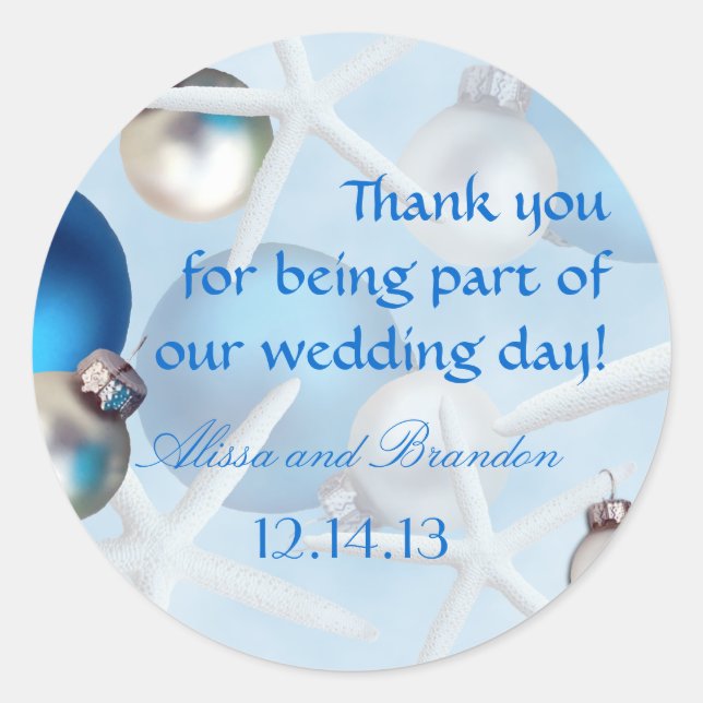 Blue Starfish Tropical Christmas Wedding Labels (Front)
