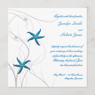 Blue Starfish with Silver Coral Wedding Invitation
