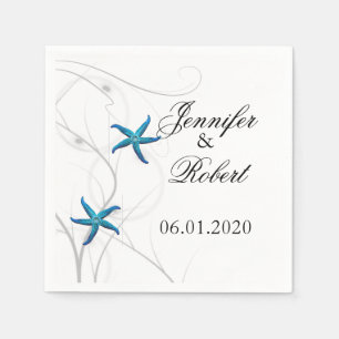 Blue Starfish with Silver Coral Wedding Napkin